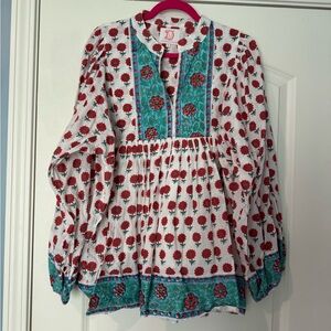 Victoria Dunn Floral Blouse in White, Coral & Teal